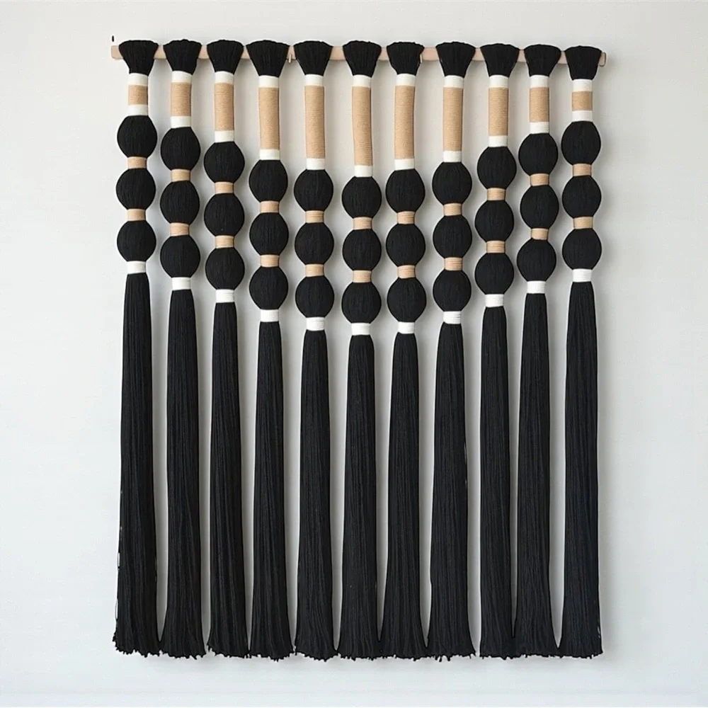 NEW Anthropologie XL Boho Black Ball Tassel Tapestry Woven Wall Hanging - 33